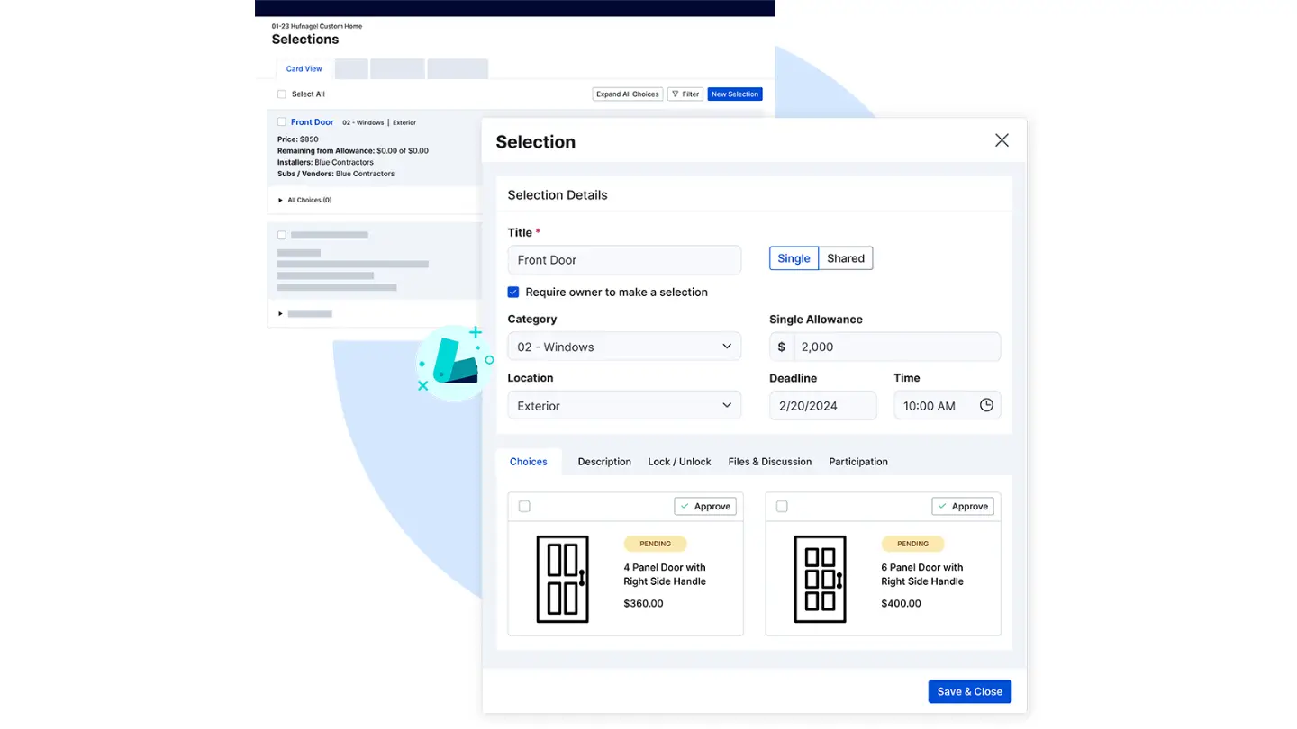 Buildertrend selections card view with a detail modal open over the choices grid