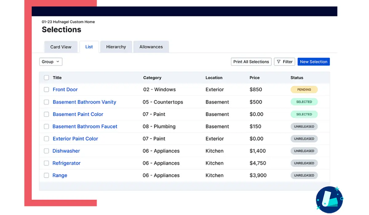 Buildertrend selections list showing per-room finish choices with allowance amounts and approval status