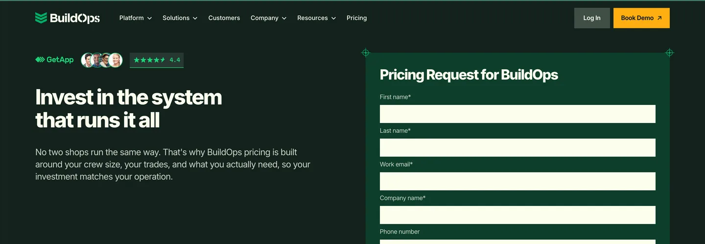 BuildOps pricing page showing a Pricing Request form with name, email, company and phone fields and no price