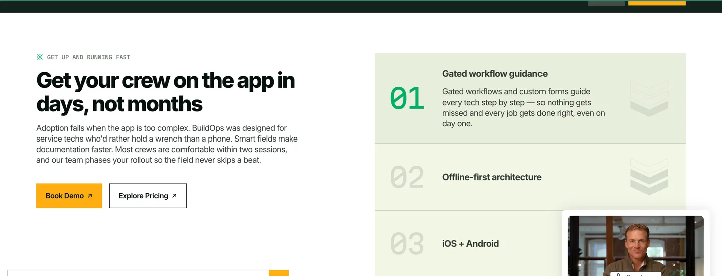 BuildOps technician app page describing offline-first architecture that saves data locally in dead zones