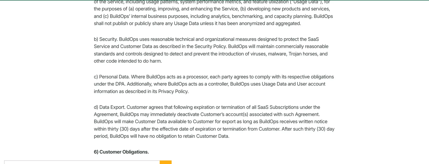BuildOps terms of service section 5d giving thirty days after termination to request a data export