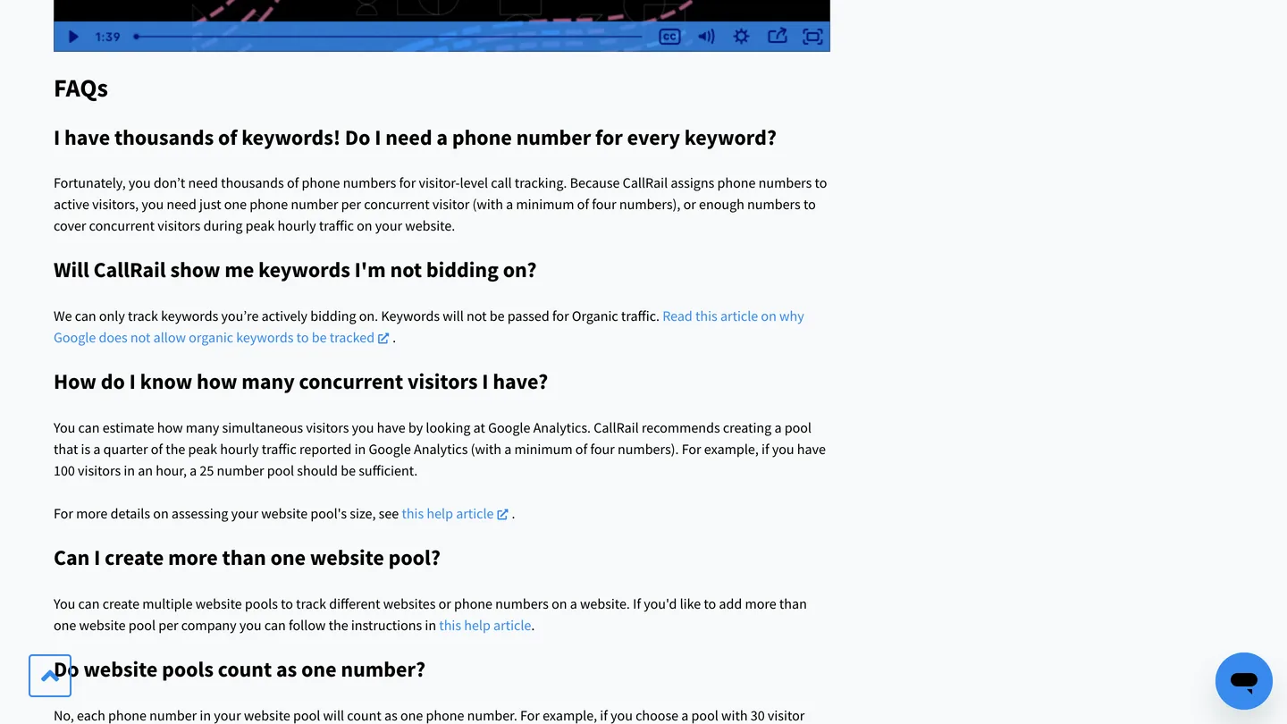 CallRail support page explaining you need one tracking number per concurrent website visitor, minimum four