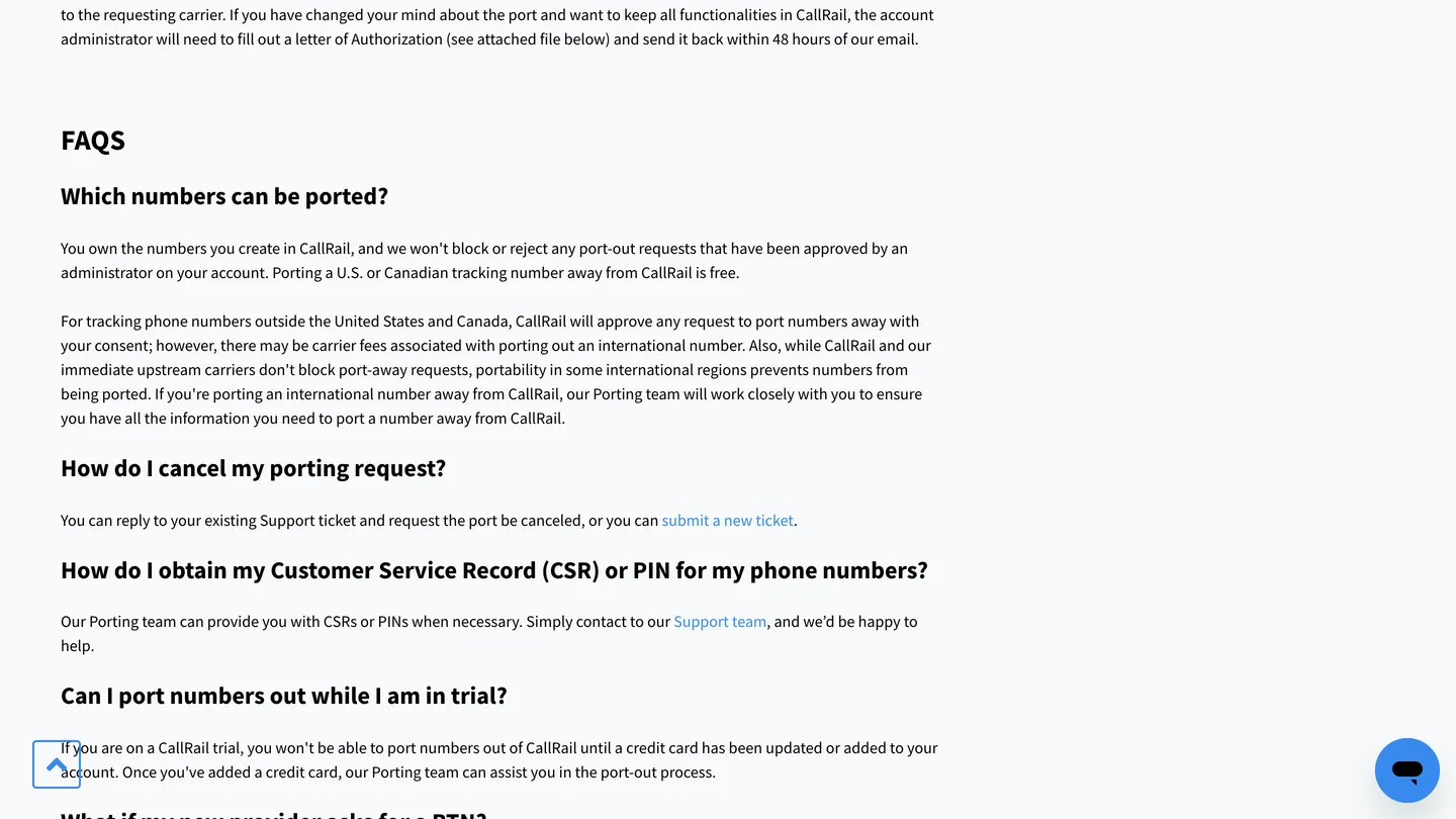 CallRail documentation stating customers own their tracking numbers and porting US or Canadian numbers away is free