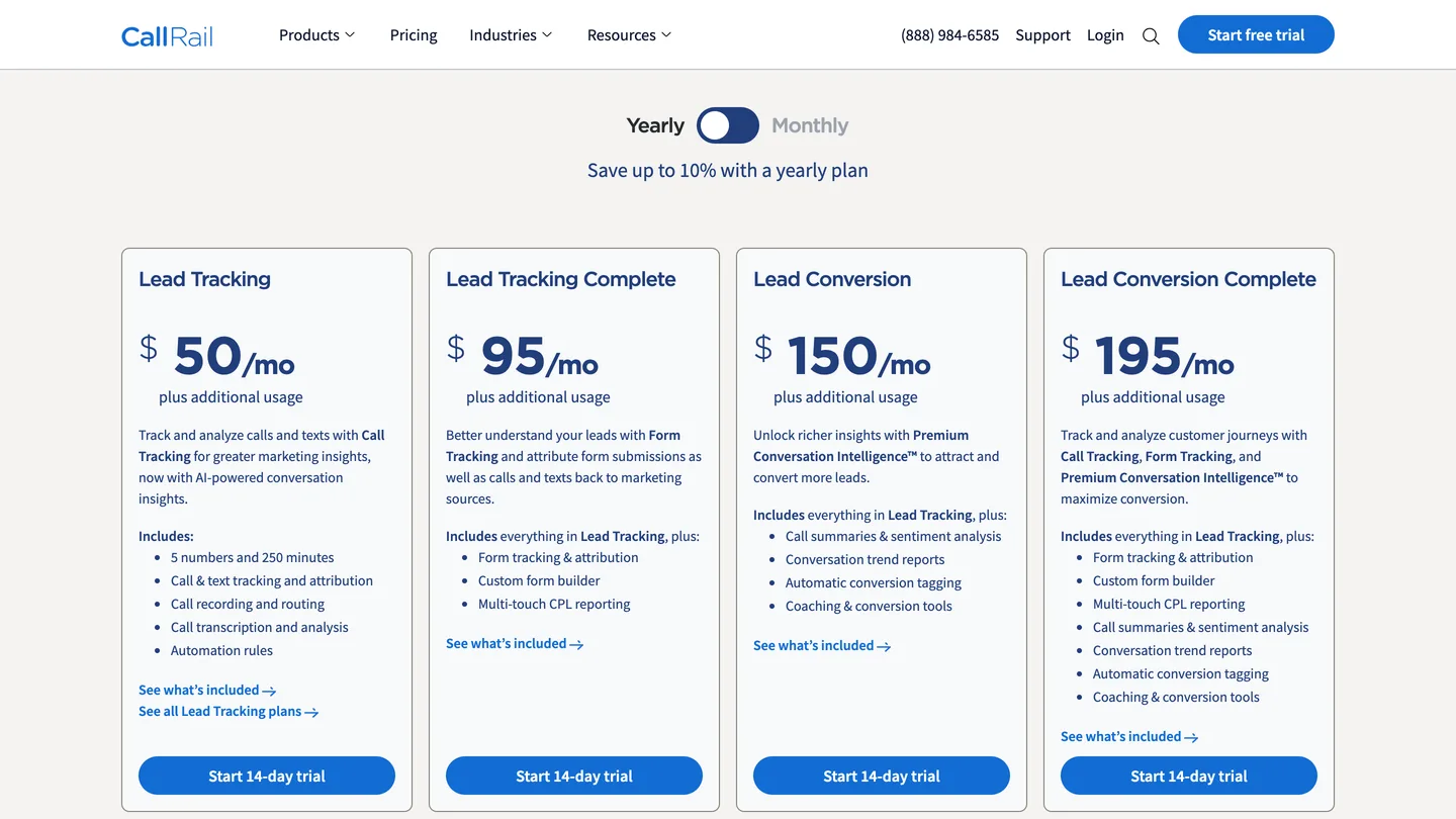 Four CallRail plan cards priced 50, 95, 150 and 195 dollars, each including 5 numbers and 250 minutes