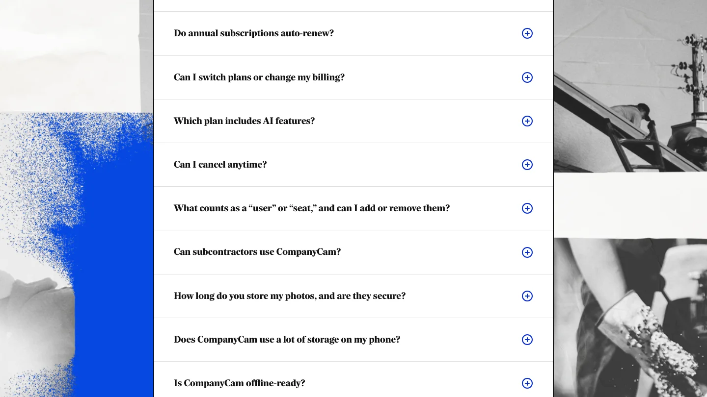 CompanyCam pricing FAQ listing questions on auto-renewal, cancelling anytime, photo storage and offline capture
