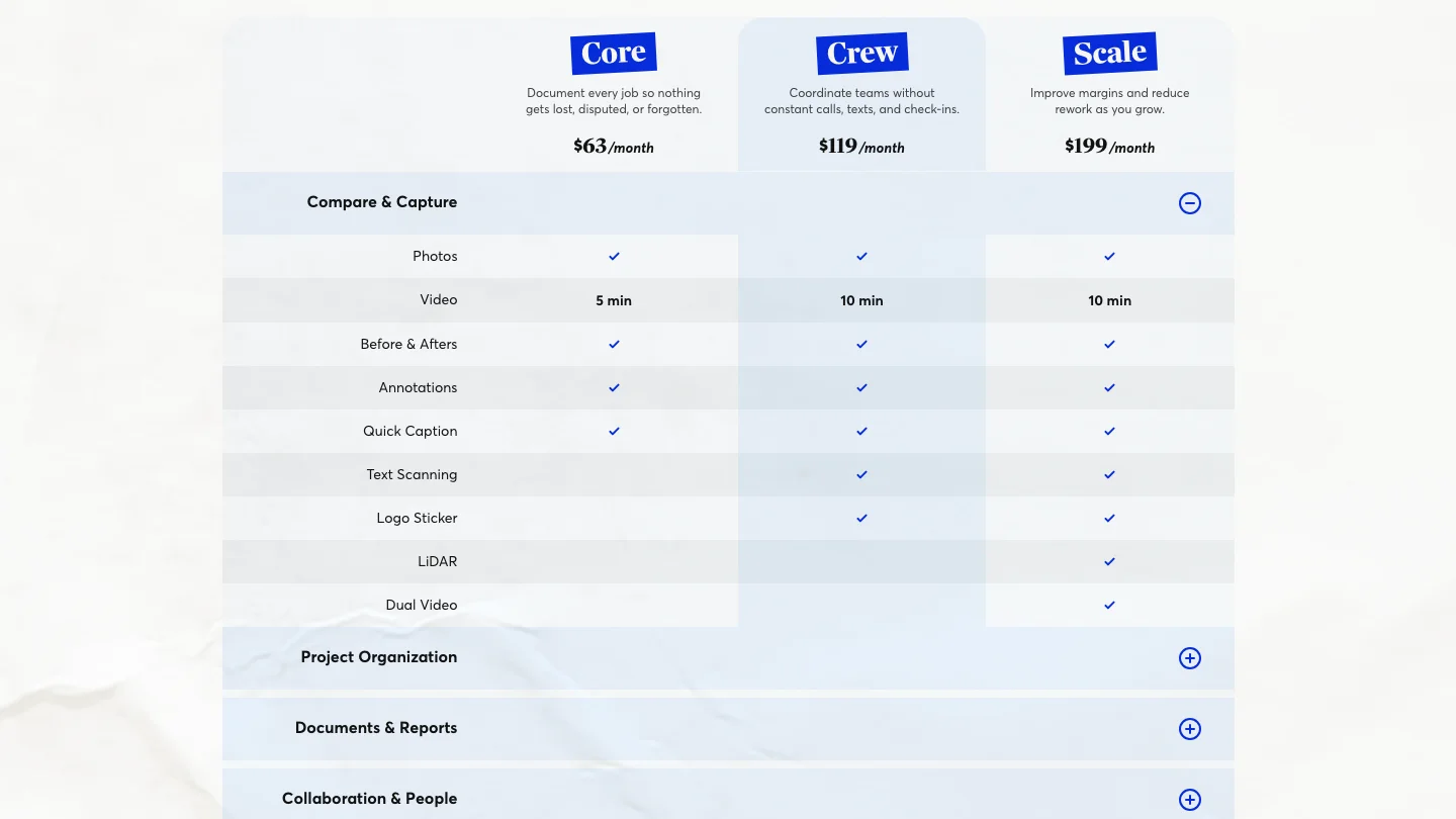 CompanyCam Compare Plans matrix showing capture features split across the Core, Crew and Scale tiers