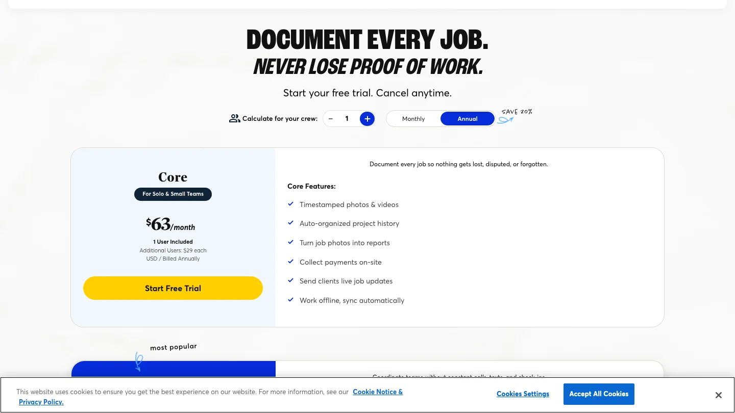 CompanyCam pricing page showing the Core plan at 63 dollars a month billed annually with extra seats at 29