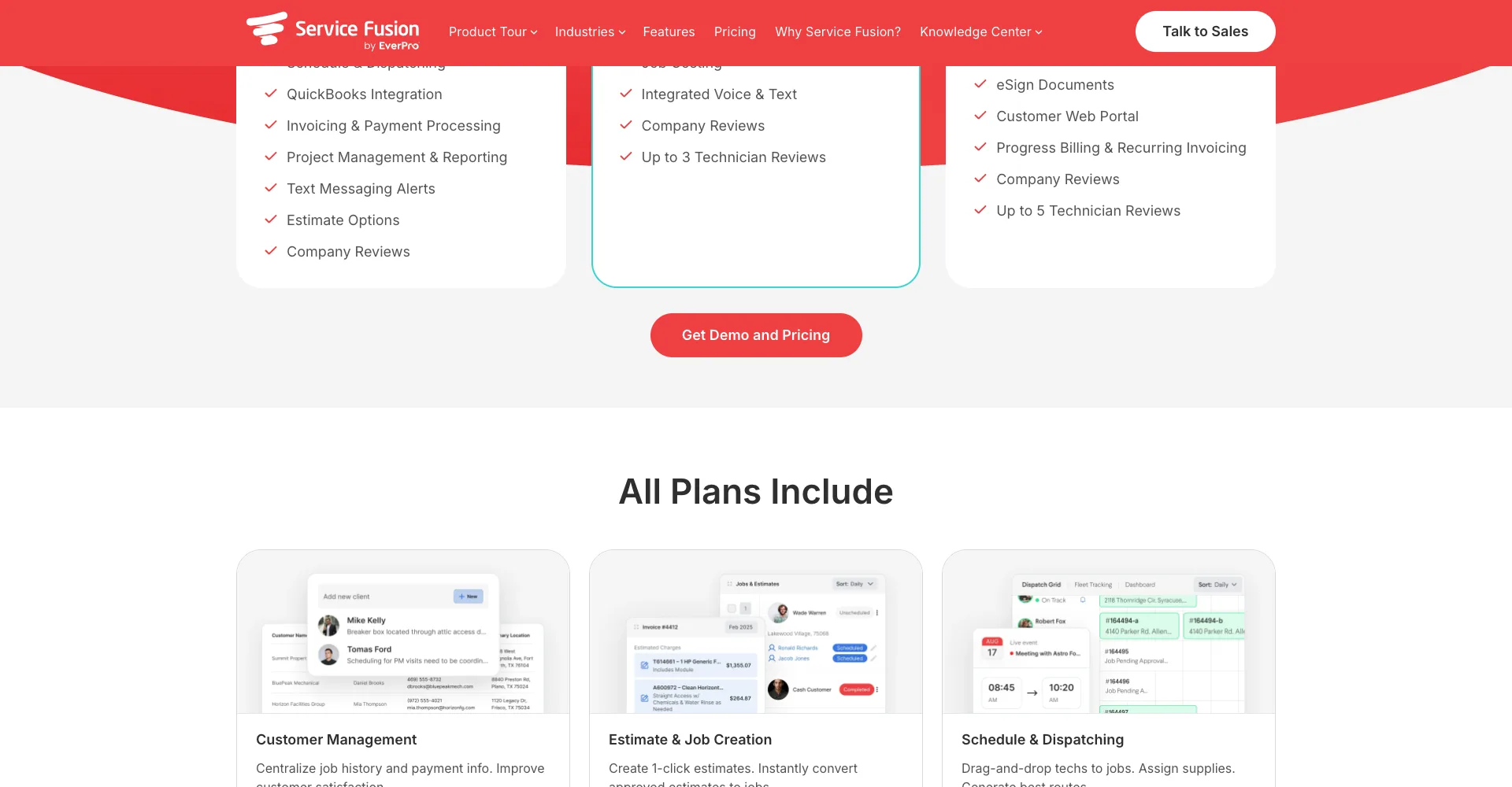 Service Fusion pricing page showing Starter, Plus and Pro tiers each labelled with unlimited users