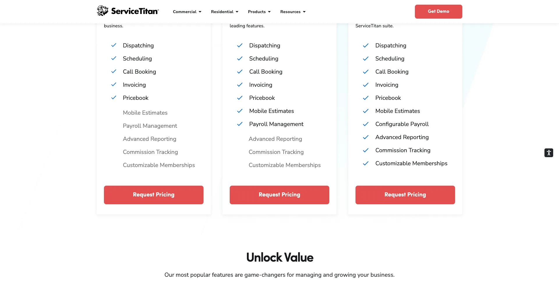 ServiceTitan pricing page showing Starter, Essentials and The Works packages, each ending in a Request Pricing button
