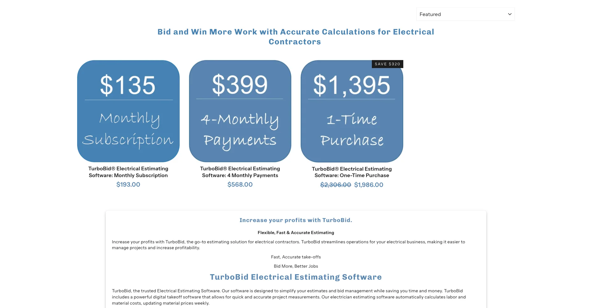 TurboBid storefront pricing electrical estimating at 193 dollars a month, 568 over four payments, or a cut-price licence