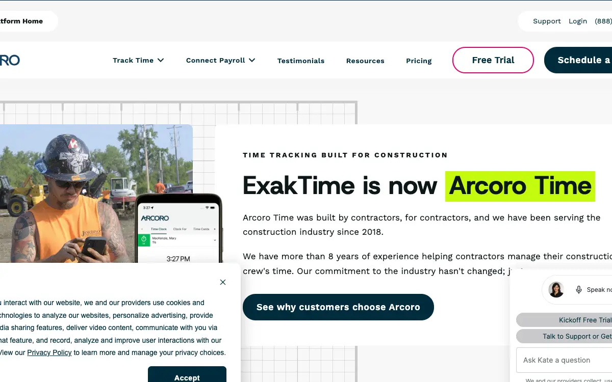 ExakTime (now Arcoro Time) pricing page as published on the vendor's own site