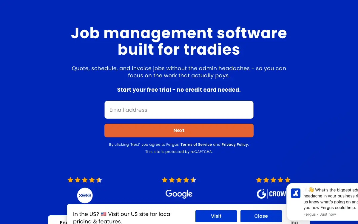 Fergus pricing page as published on the vendor's own site