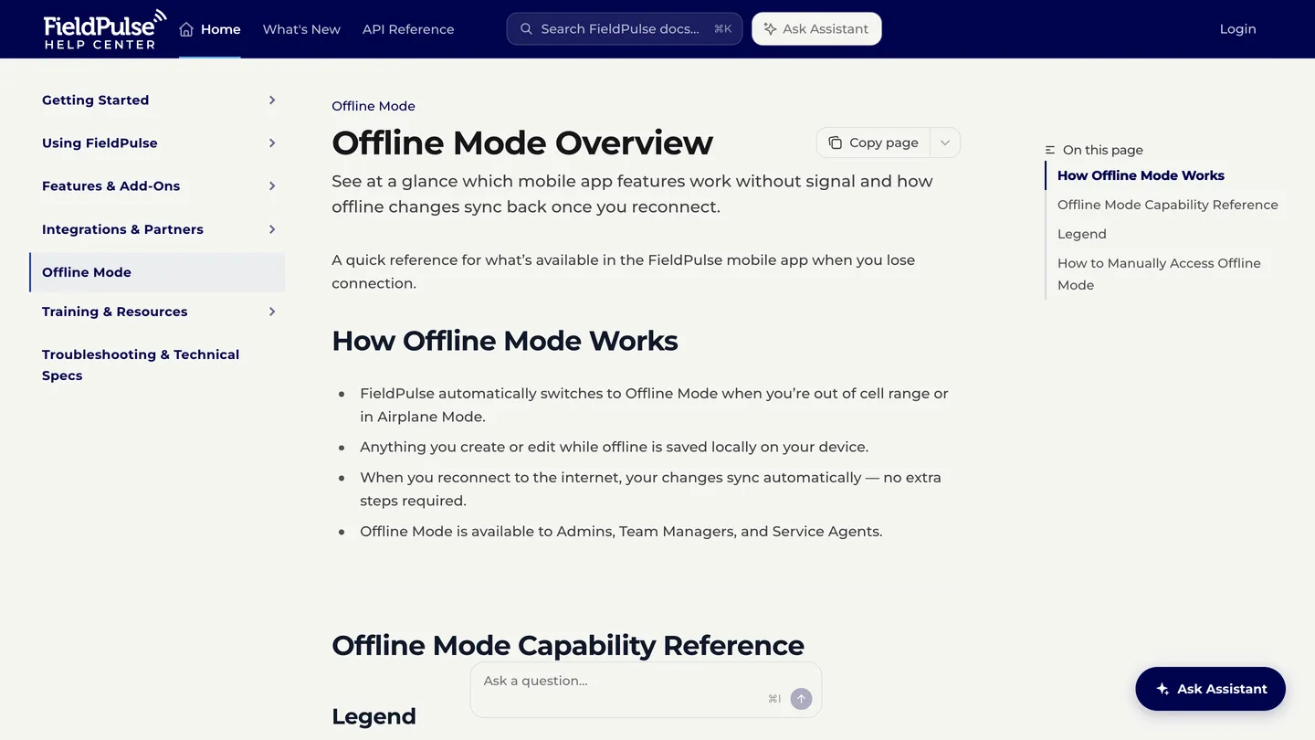 FieldPulse help centre page explaining how offline mode works and introducing its capability reference table