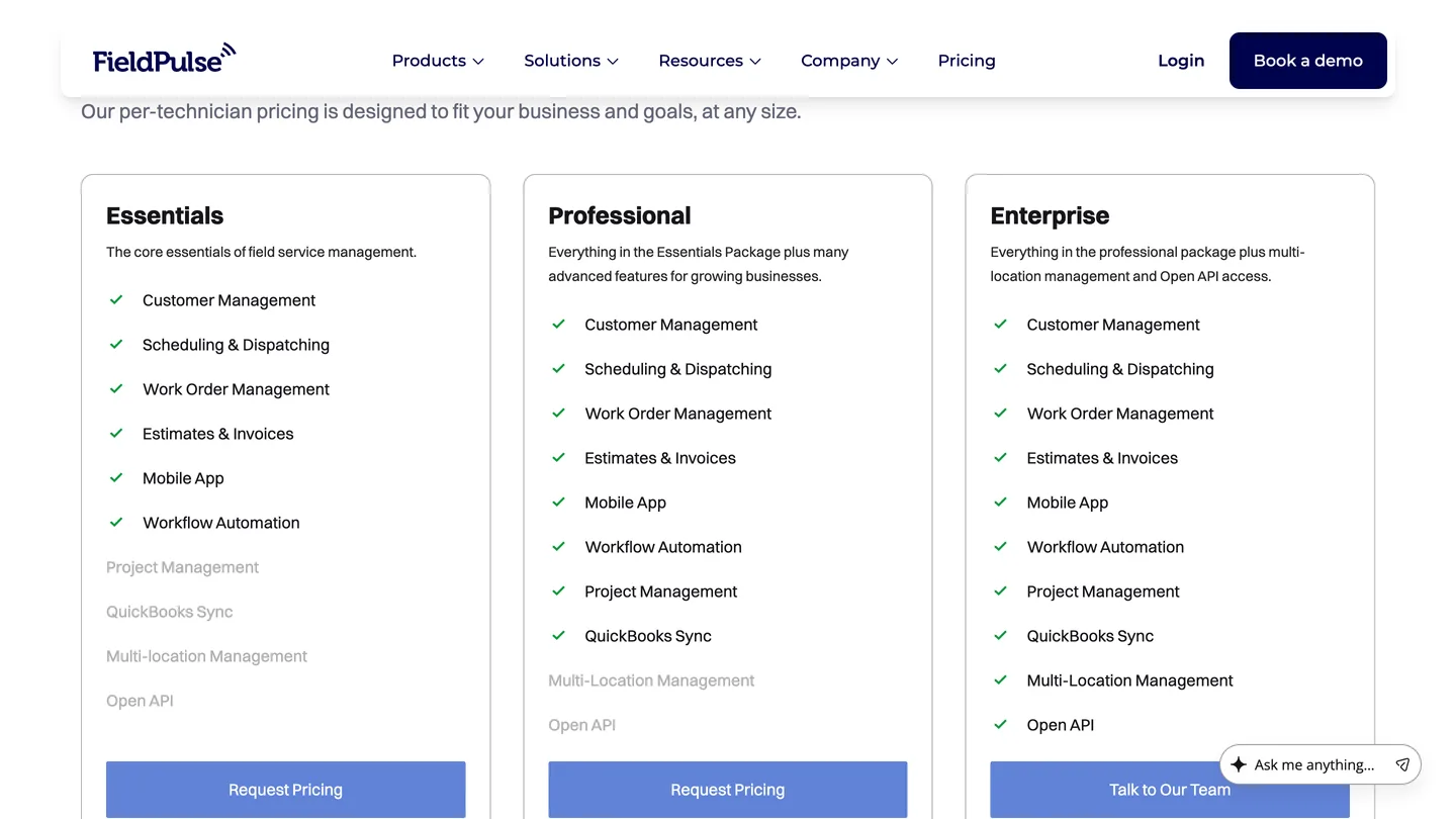 Three FieldPulse package cards, Essentials, Professional and Enterprise, each with a Request Pricing button and no price