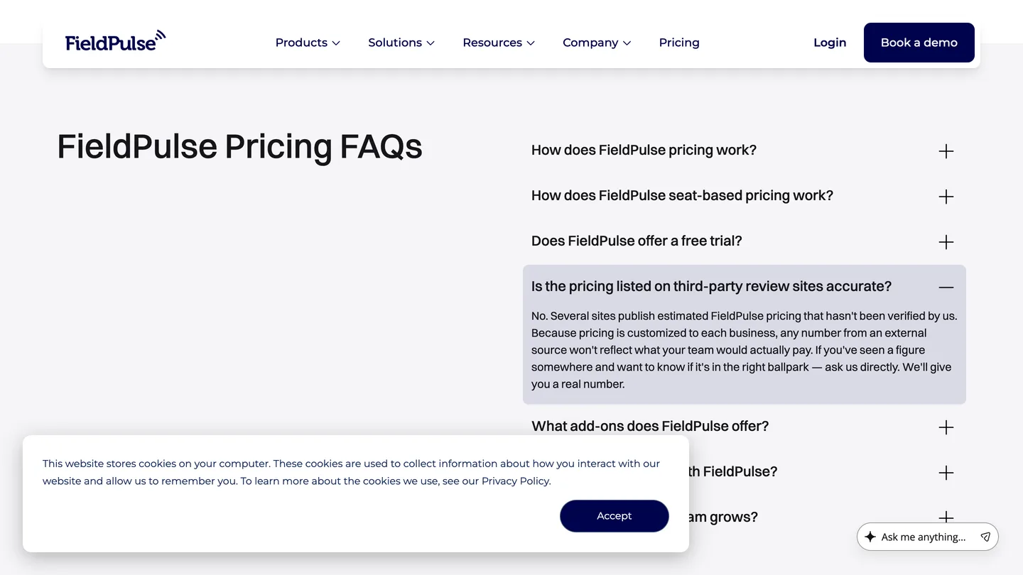 FieldPulse pricing FAQ answer stating that several sites publish estimated FieldPulse pricing it has not verified