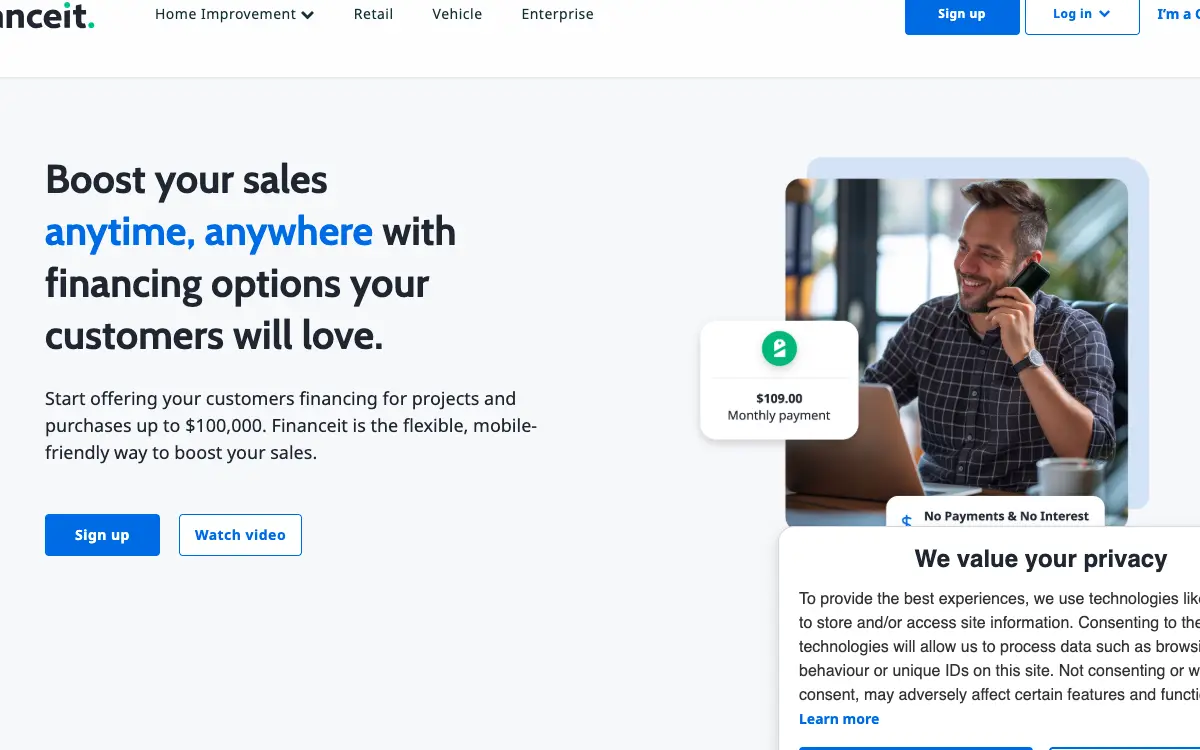 Financeit pricing page as published on the vendor's own site