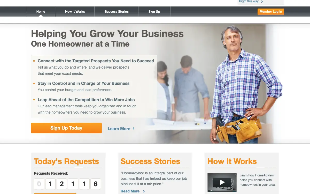 HomeAdvisor pricing page as published on the vendor's own site