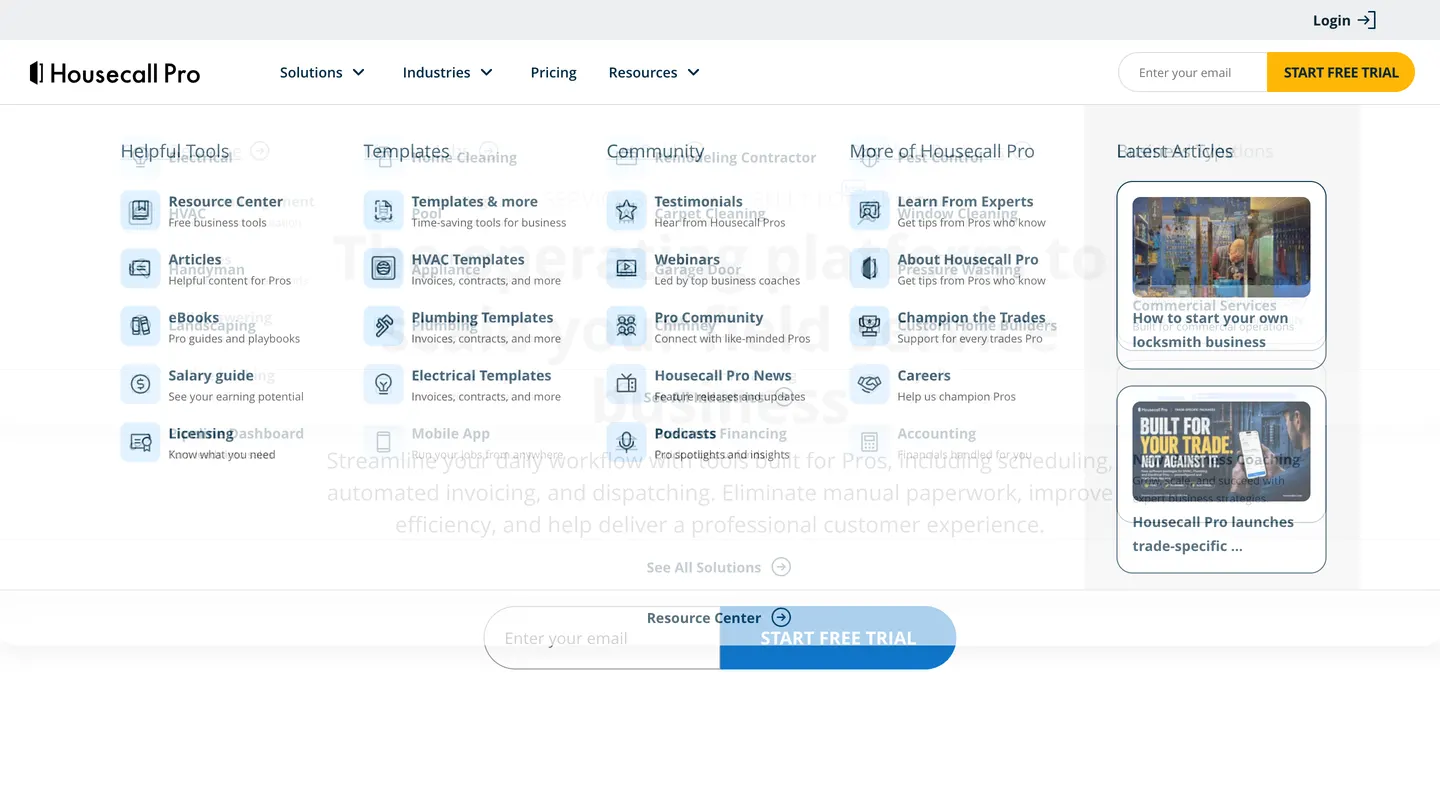 Housecall Pro's features page showing scheduling, dispatch, invoicing and payments modules