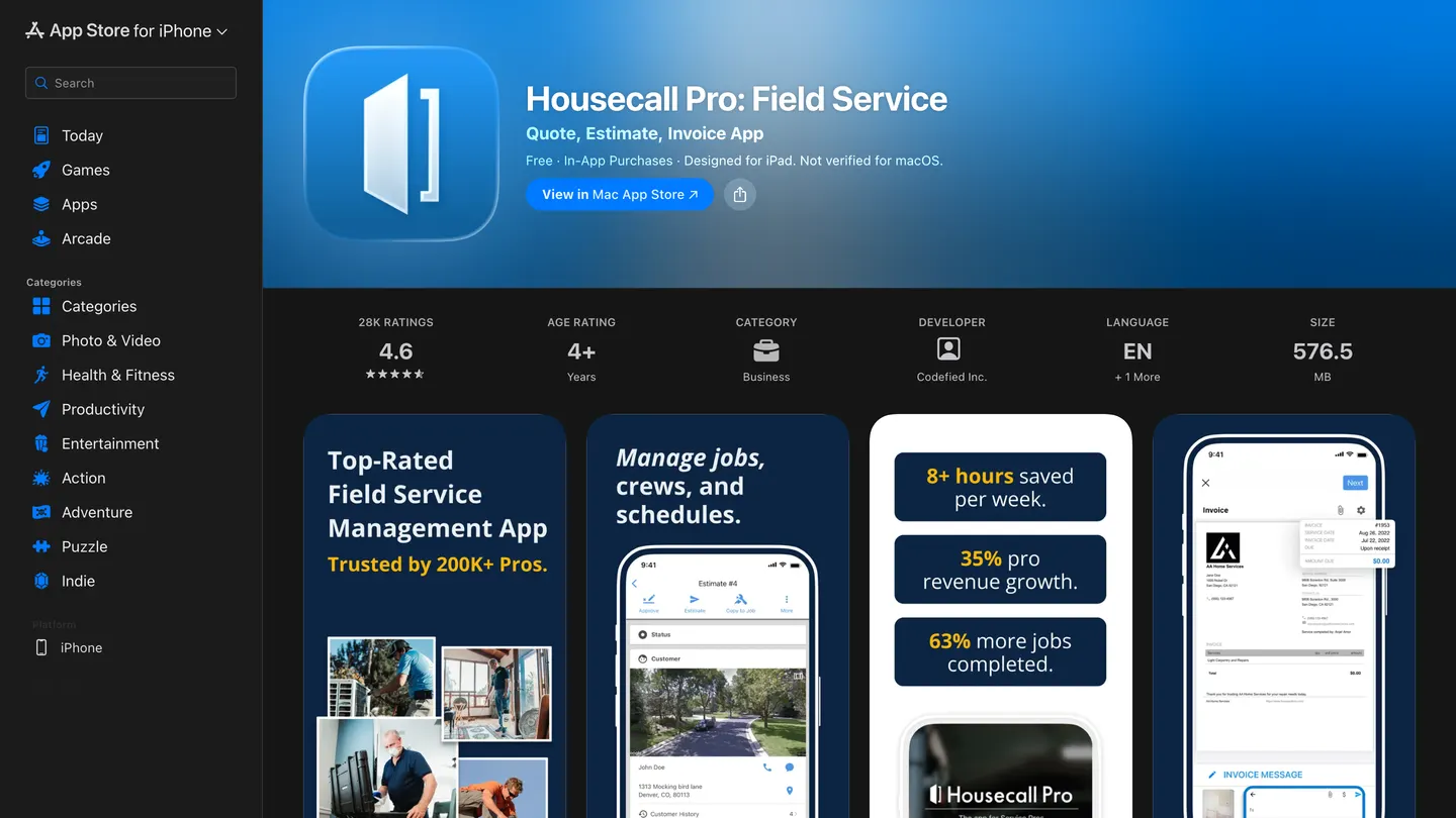 Housecall Pro's App Store listing showing a 4.6 rating from 28,000 ratings