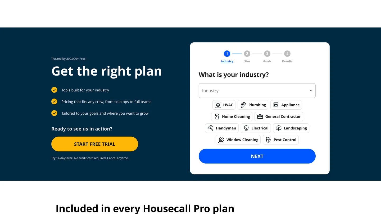 Housecall Pro's pricing page with a plan selector asking which industry the business is in