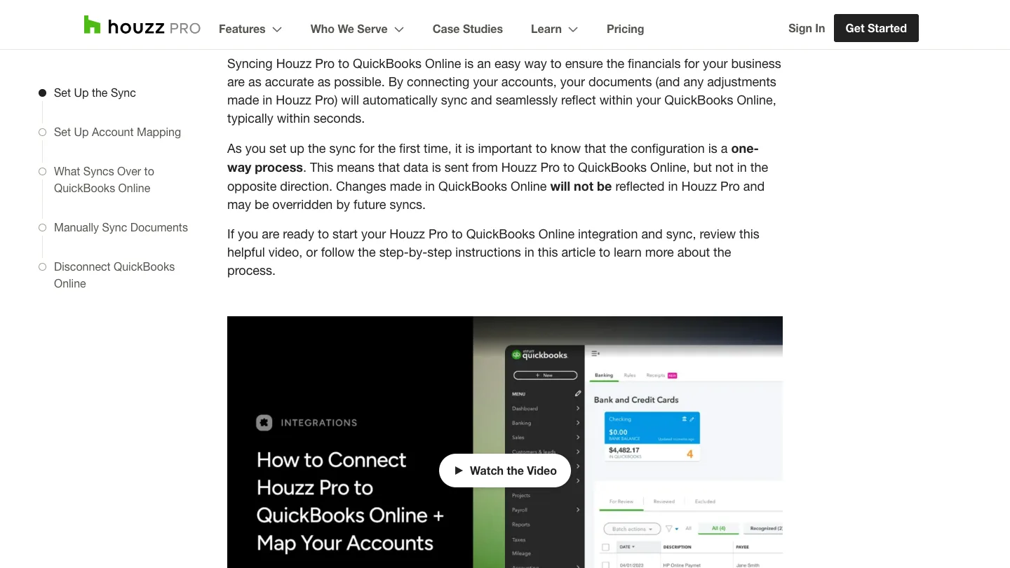 Houzz Pro help article stating in bold that the QuickBooks Online sync is a one-way process