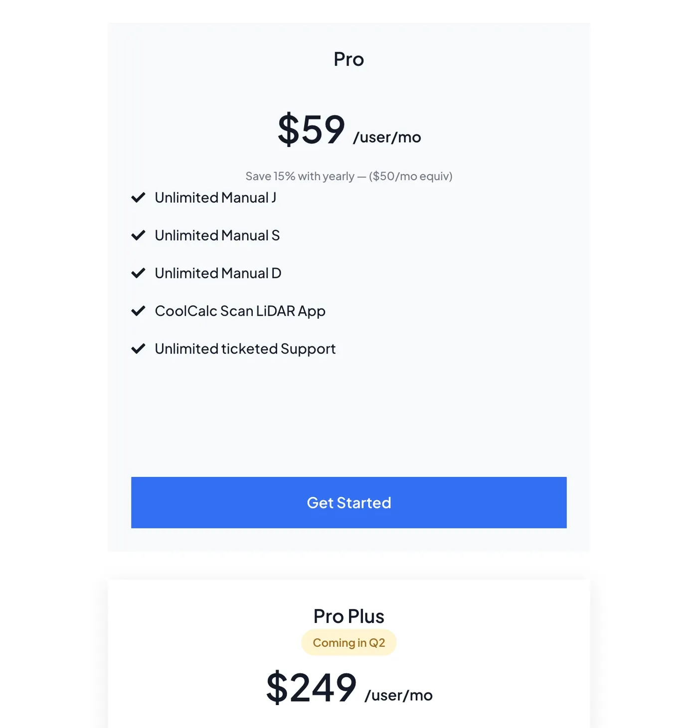 Cool Calc pricing showing Pro at 59 dollars per user per month with unlimited Manual J S and D above Pro Plus at 249