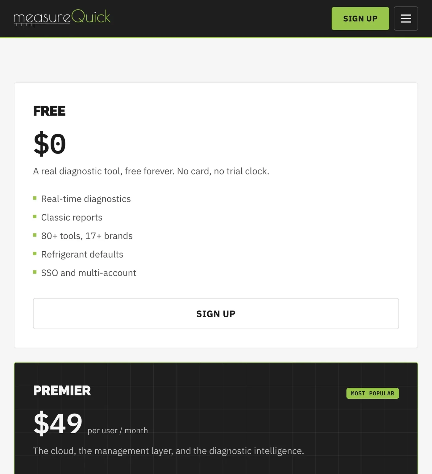 measureQuick pricing showing a free forever plan at zero dollars above a Premier plan at 49 dollars per user per month