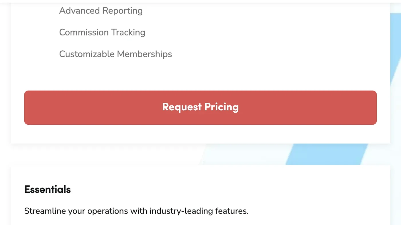 ServiceTitan pricing page with a Request Pricing button where a package price should be, above the Essentials package