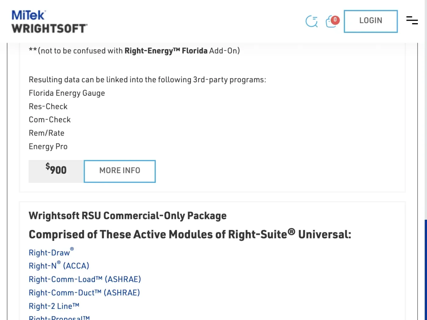 Wrightsoft store listing the RSU Residential package at 900 dollars, above the Commercial-only package at the same price