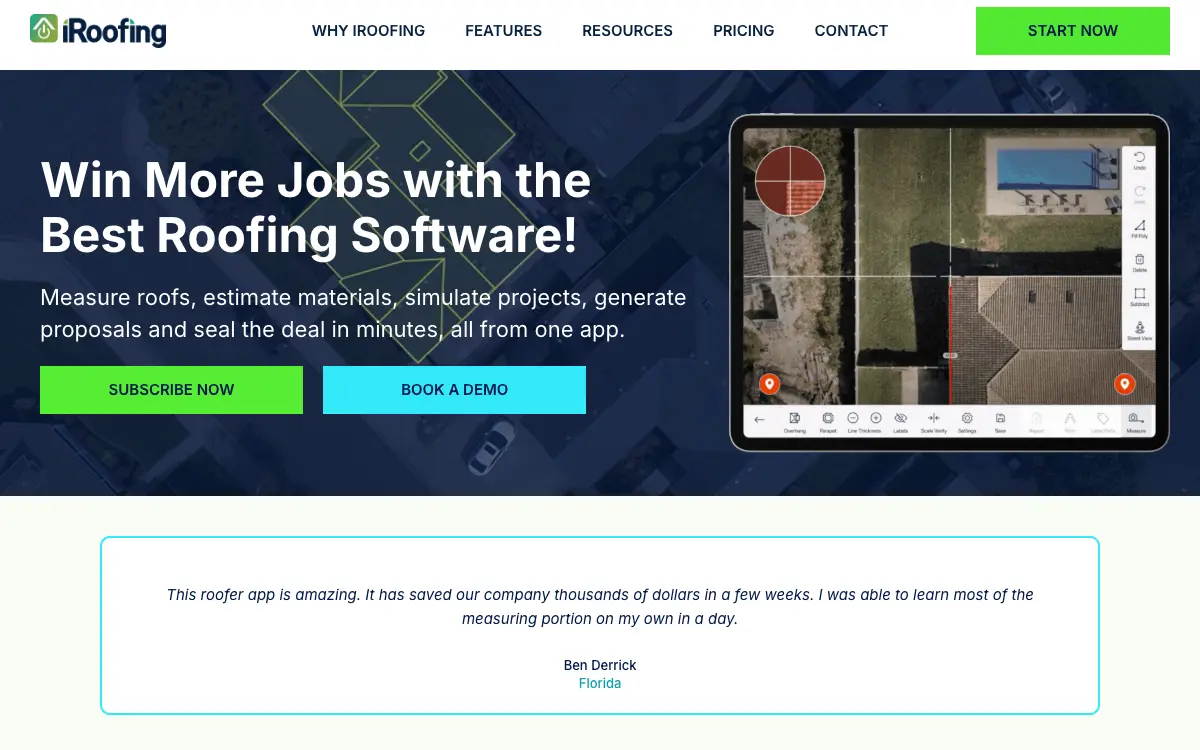 iRoofing pricing page as published on the vendor's own site