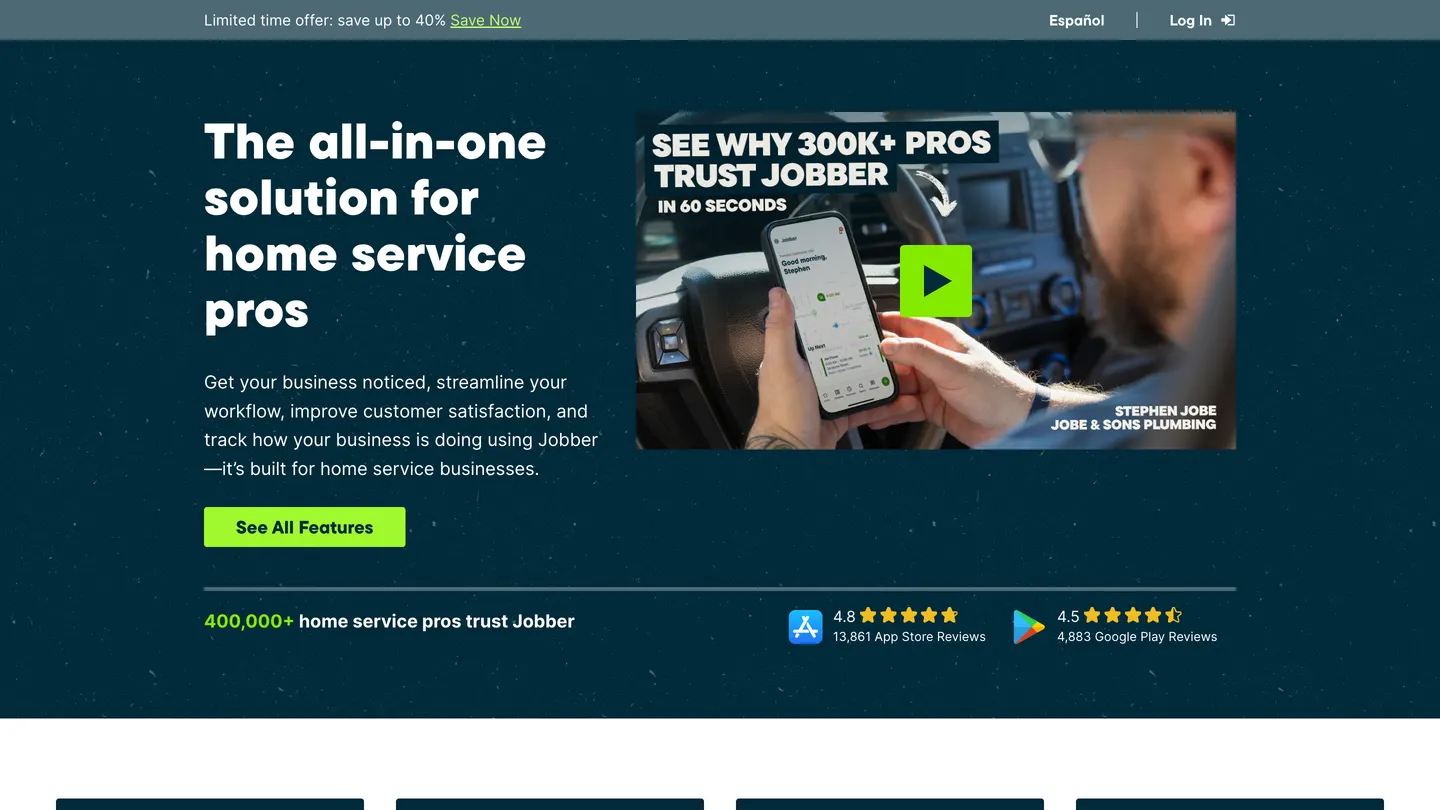 Jobber's features page showing quoting, scheduling, invoicing and client communication modules