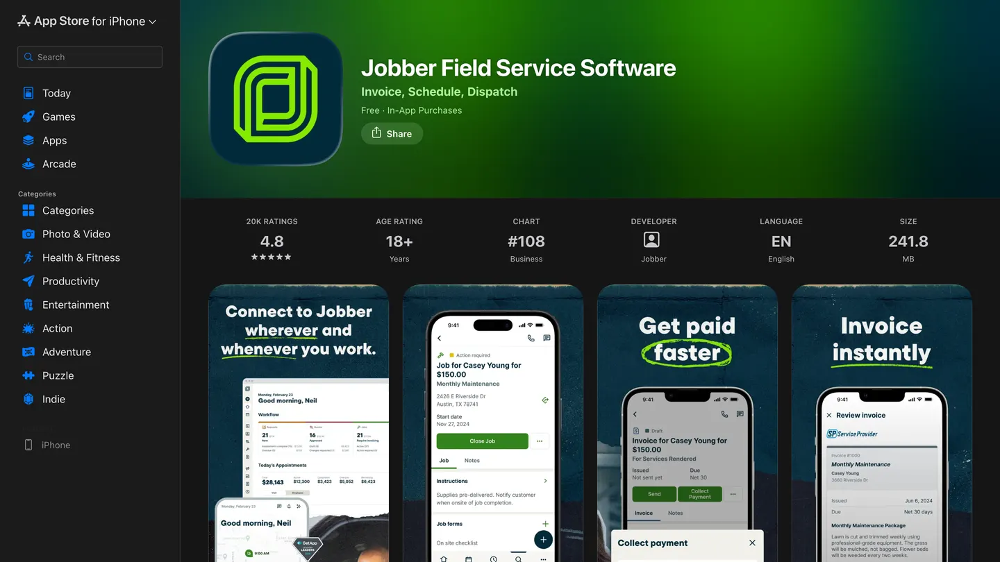 Jobber's App Store listing showing a 4.8 rating from 20,000 ratings alongside product screenshots