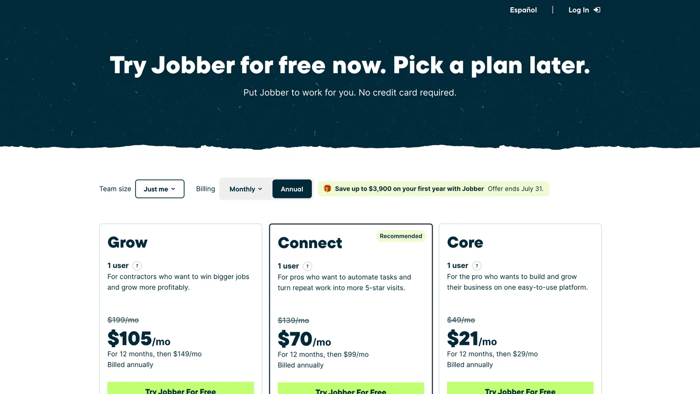 Jobber's pricing page showing Grow, Connect and Core plans with monthly dollar prices