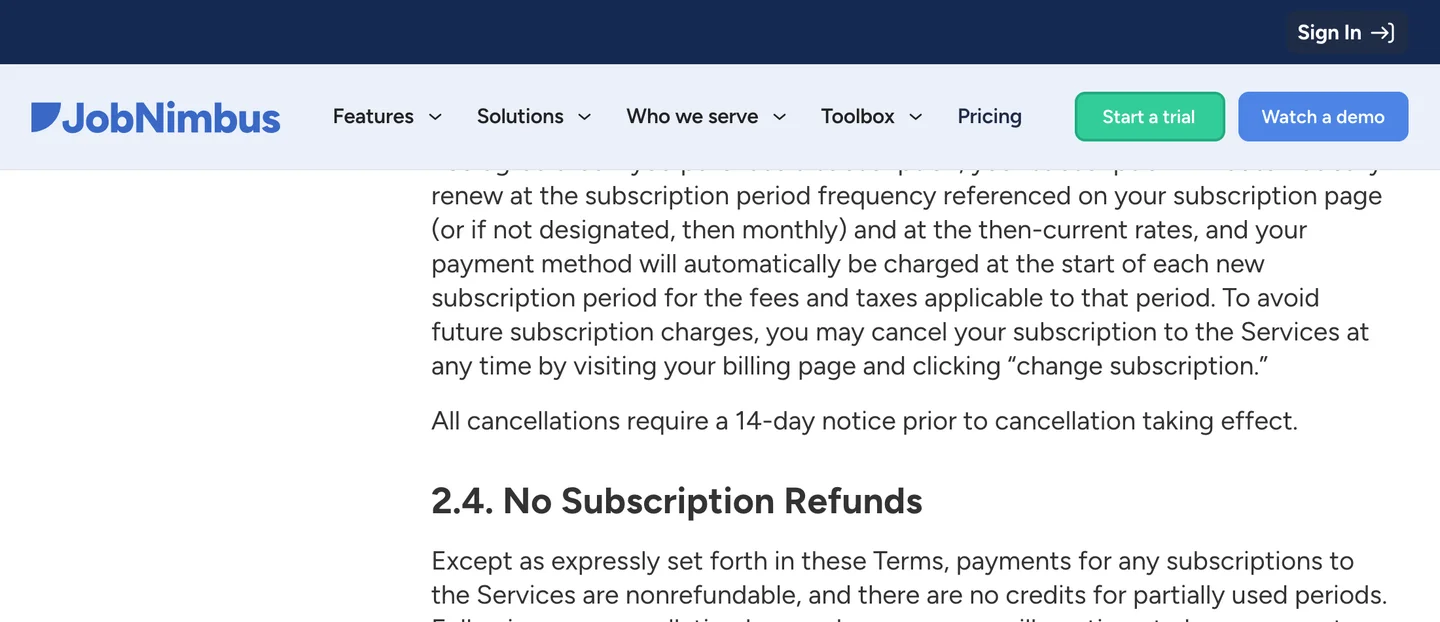 JobNimbus terms of service section covering automatic renewal at then-current rates and the cancellation notice window