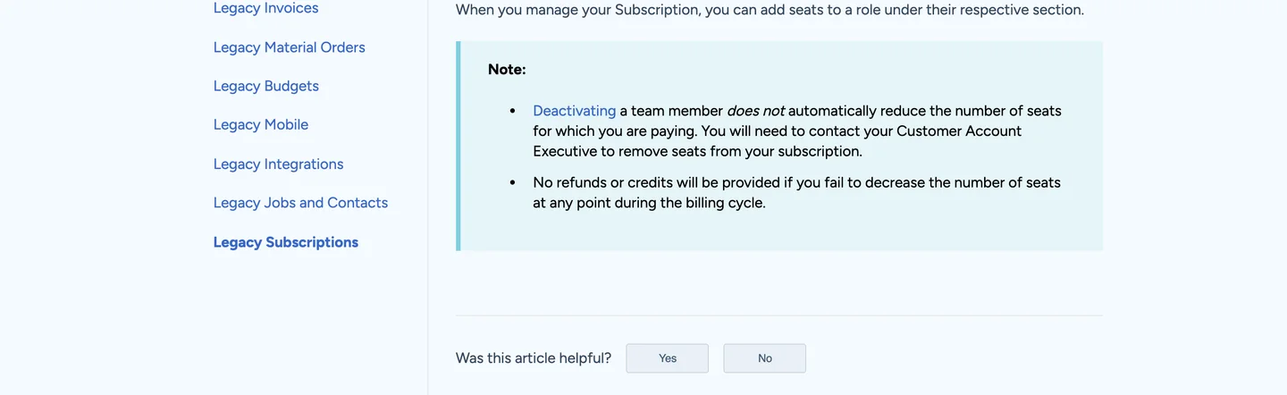 JobNimbus help centre note explaining that deactivating a team member leaves the paid seat in place