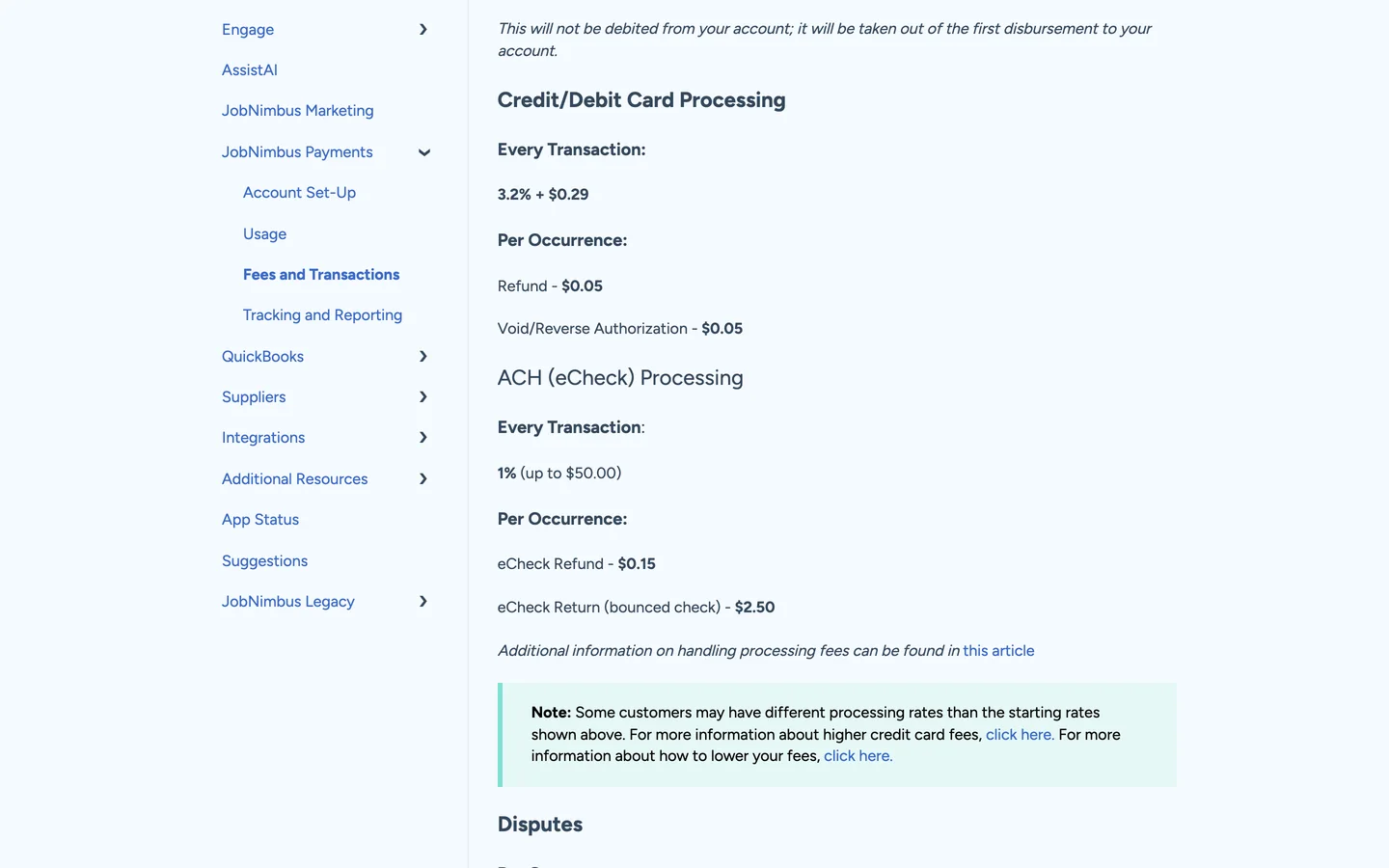 Fee schedule on the JobNimbus help centre showing what each payment type costs to process