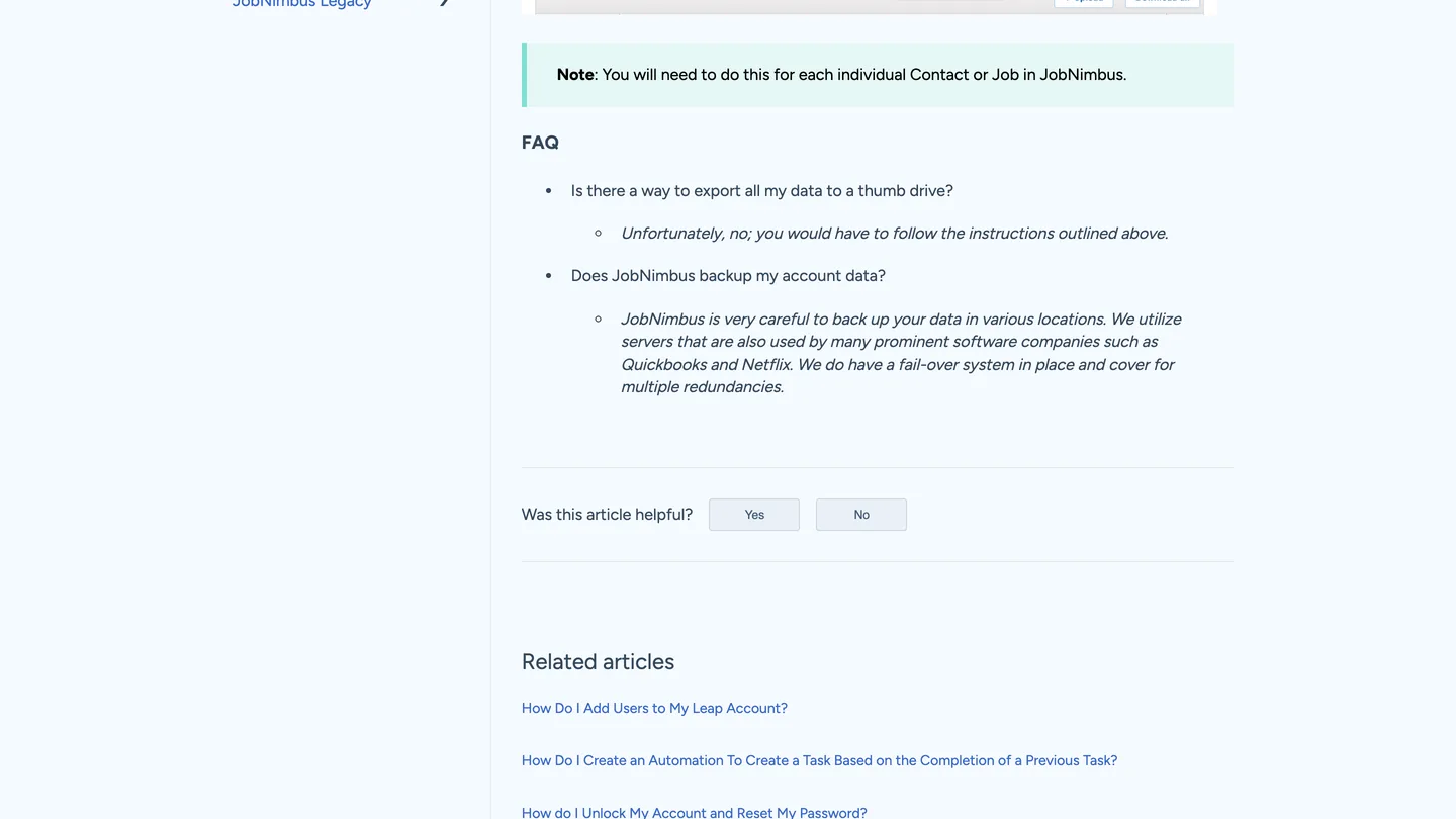 JobNimbus backup documentation stating attachments download per record and there is no full-account export