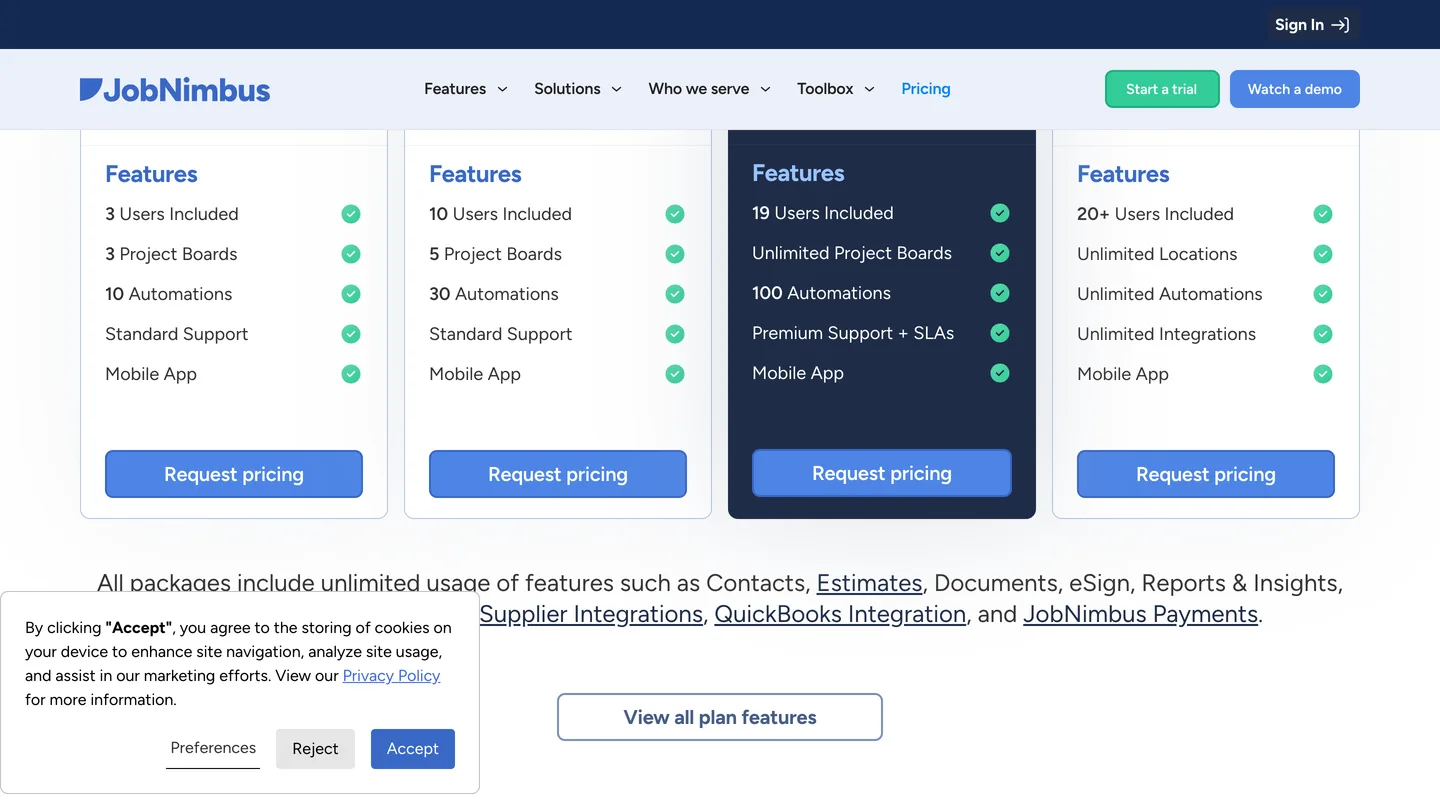 Four JobNimbus plan cards for 3, 10, 19 and 20-plus users, each ending in a Request pricing button with no price