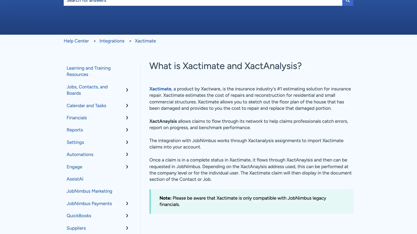 JobNimbus help centre article on Xactimate noting the integration is only compatible with legacy financials