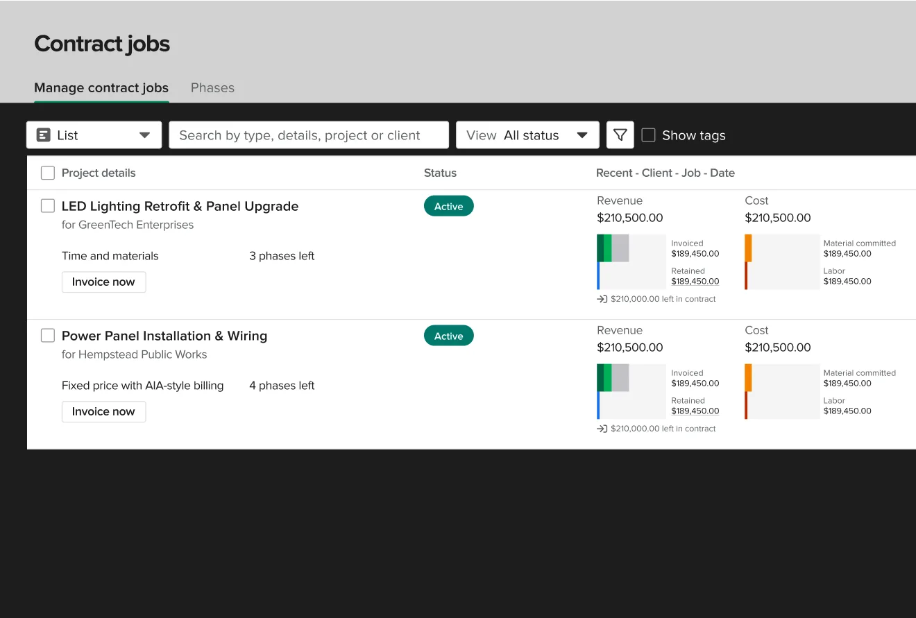 Knowify's contract jobs board showing an LED retrofit and a panel upgrade with revenue and cost columns