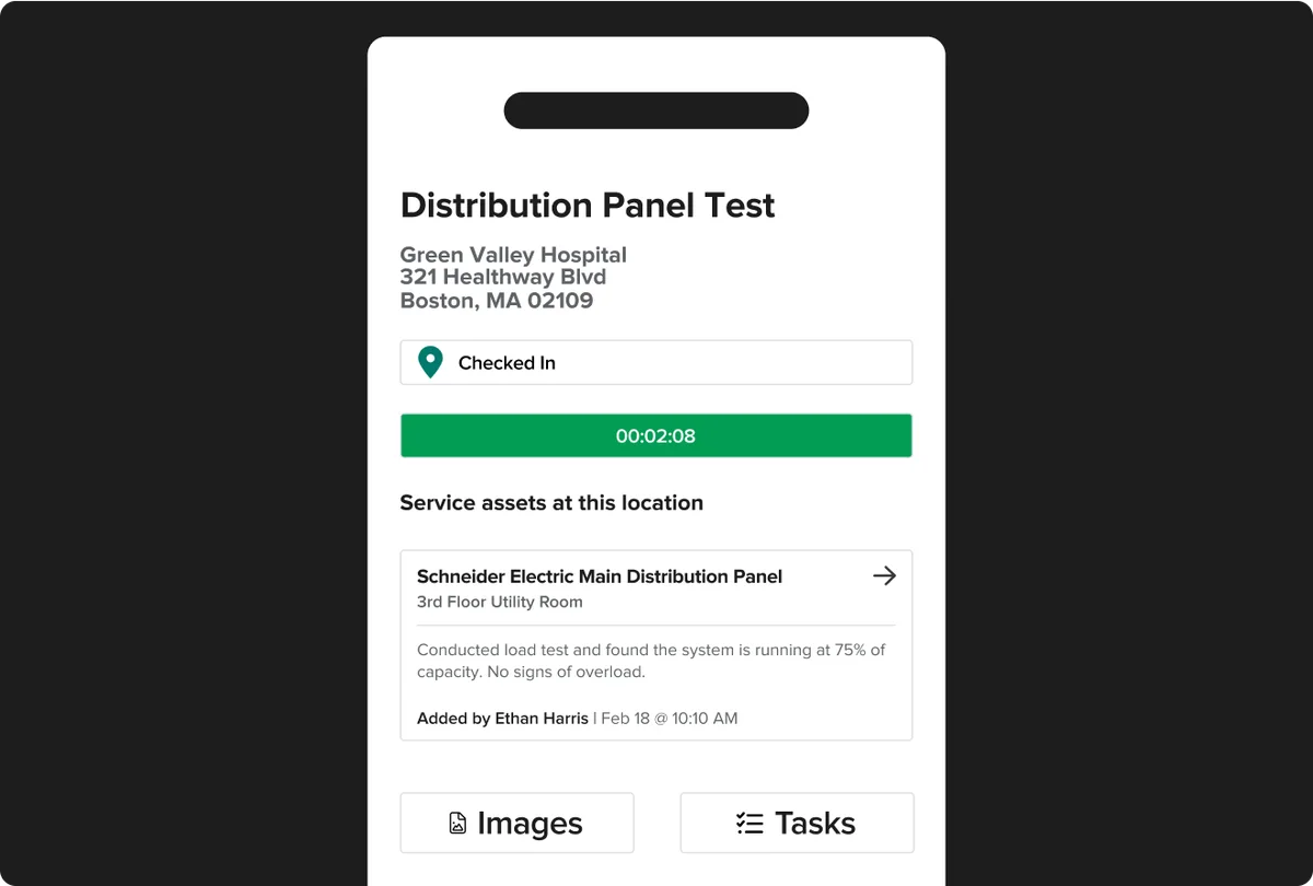 Knowify mobile screen for a distribution panel test, showing check-in, a timer and a panel service asset