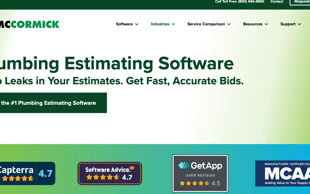 McCormick Plumbing Estimating Software pricing page as published on the vendor's own site