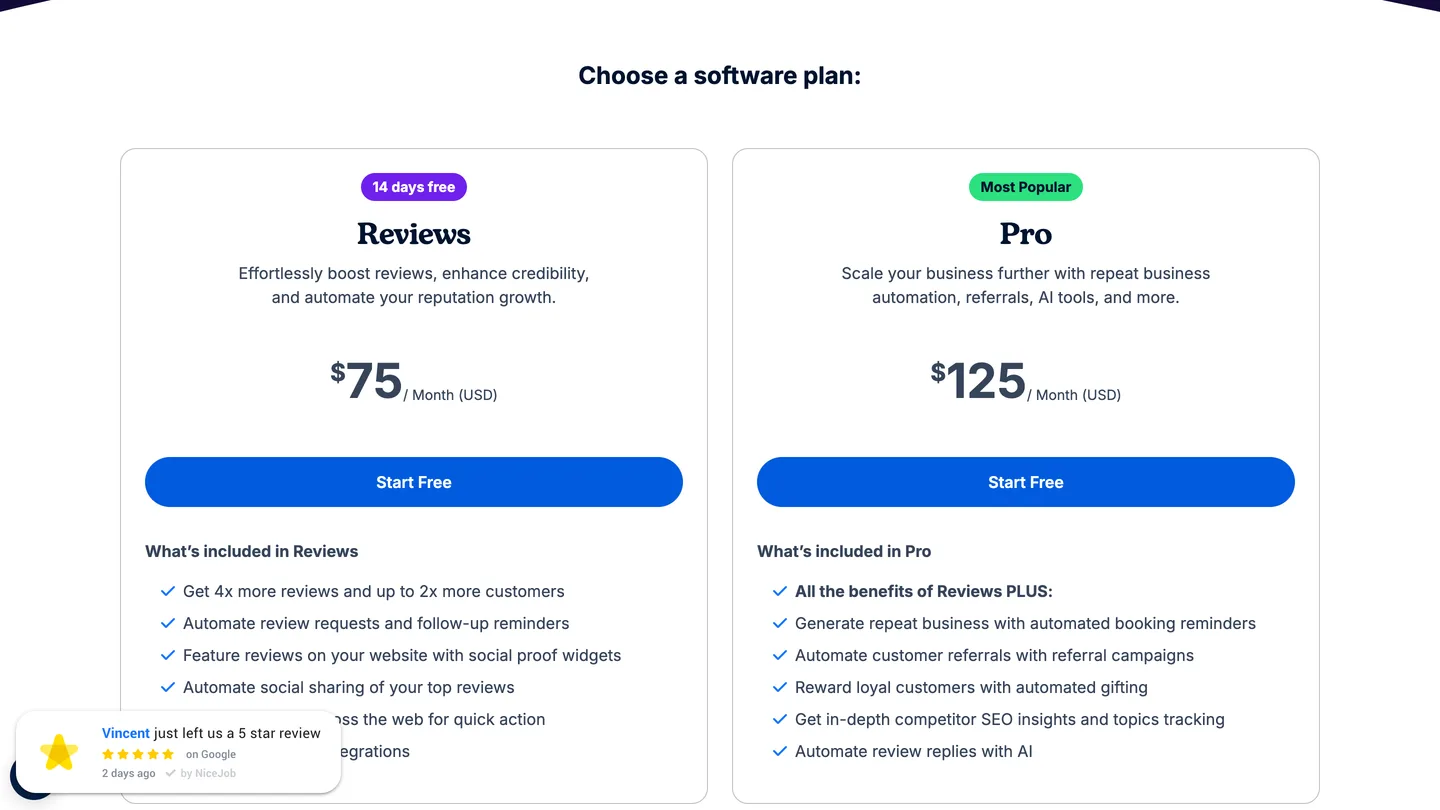 Two NiceJob plan cards side by side, Reviews at 75 dollars a month and Pro at 125 dollars a month