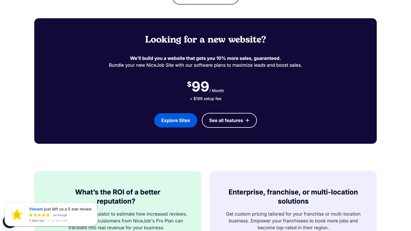 NiceJob Sites bundle block priced at 99 dollars a month plus a 199 dollar setup fee