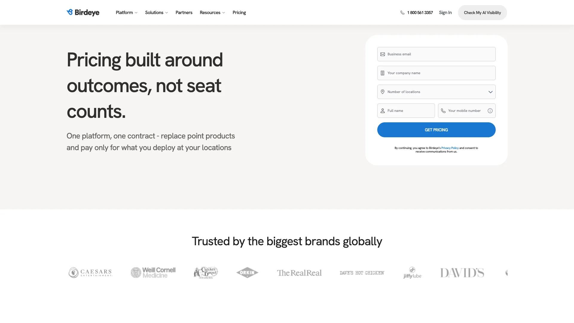 Birdeye's pricing page showing a number-of-locations configurator and a Get Pricing button in place of any published figure