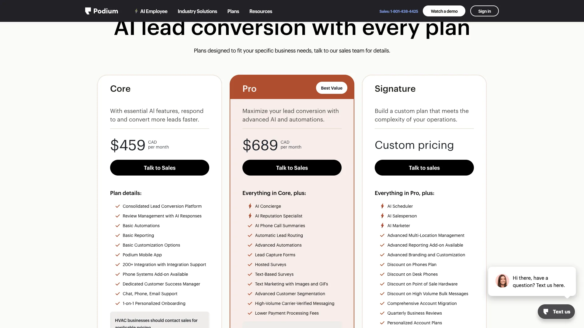 Podium's pricing page showing Core at 459 and Pro at 689 Canadian dollars a month, each with a Talk to Sales button