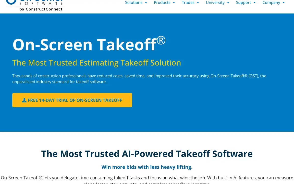 On-Screen Takeoff pricing page as published on the vendor's own site