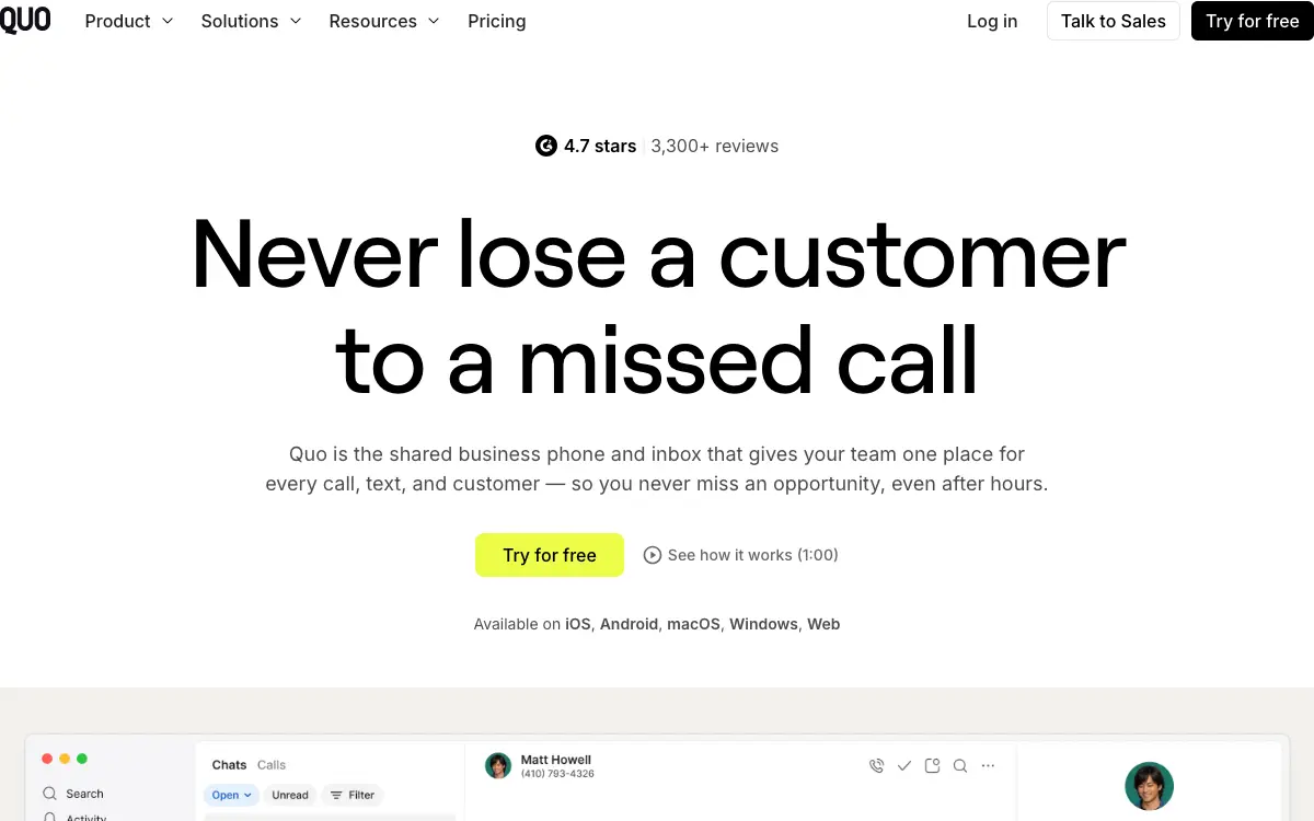Quo (formerly OpenPhone) pricing page as published on the vendor's own site