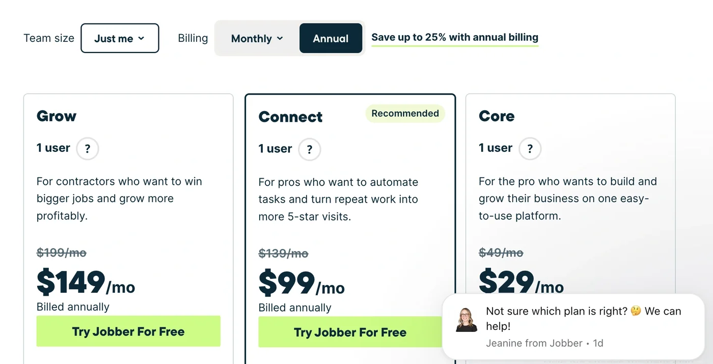 Jobber pricing with the team size control set to Just me above tiers at 149, 99 and 29 dollars a month on annual billing