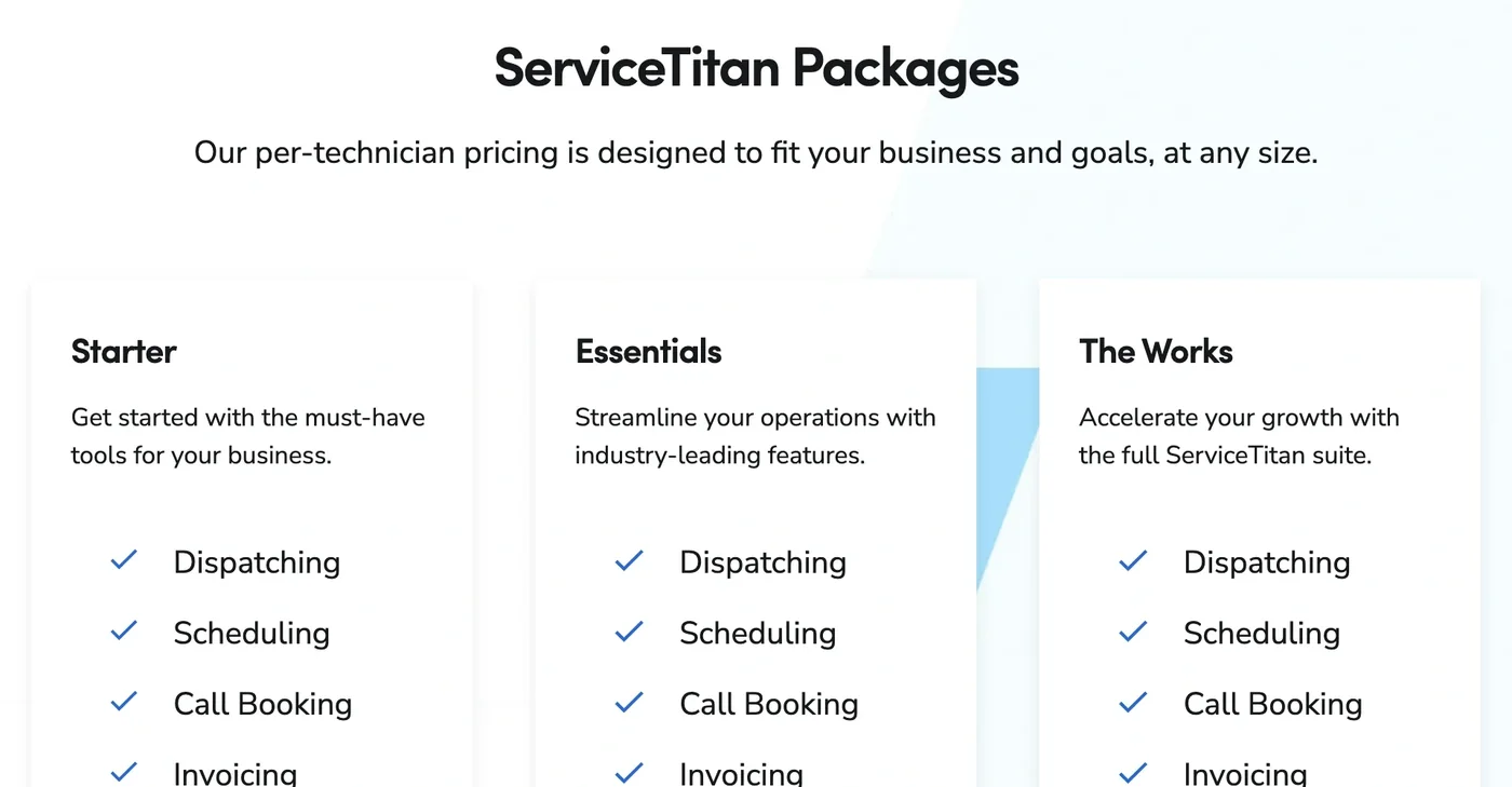 ServiceTitan Starter, Essentials and The Works packages under a per-technician pricing line, listing features but no figures